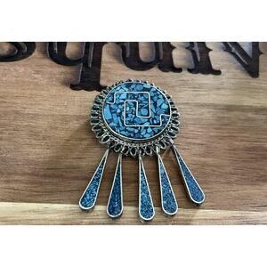 Vintage Mexico 925 Sterling Silver Turquoise Inlay Pendant Pin Brooch 9.9g
